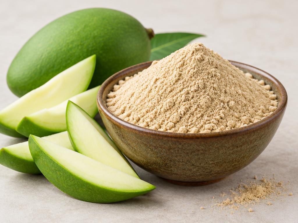 Amchur dry mango powder in a bowl beside raw mango slices