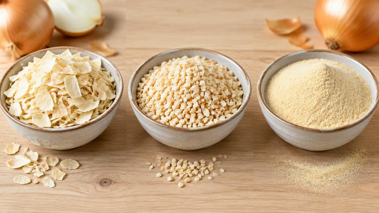 Bowls of onion flakes, onion granules and onion powder side by side