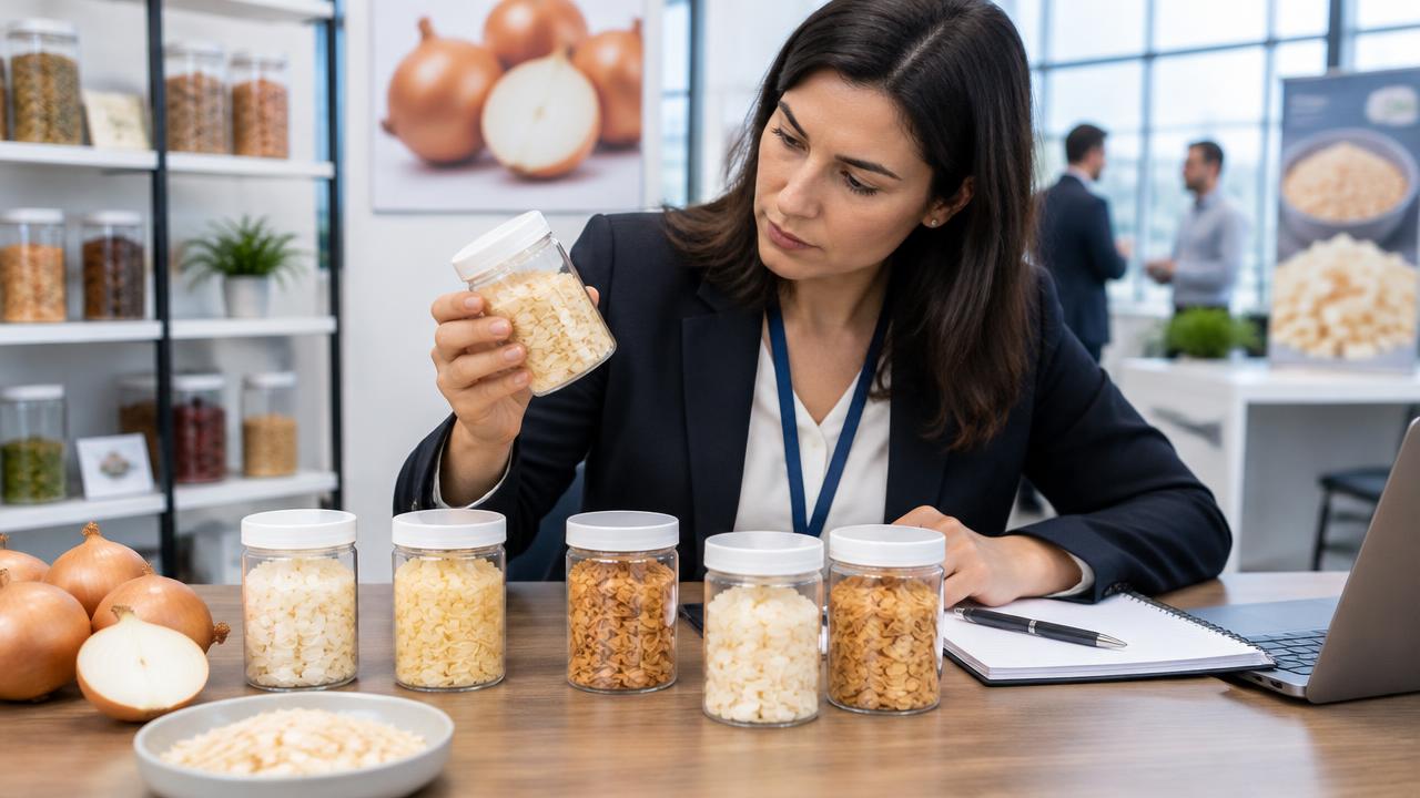 Buyer examining dehydrated onion samples in jars