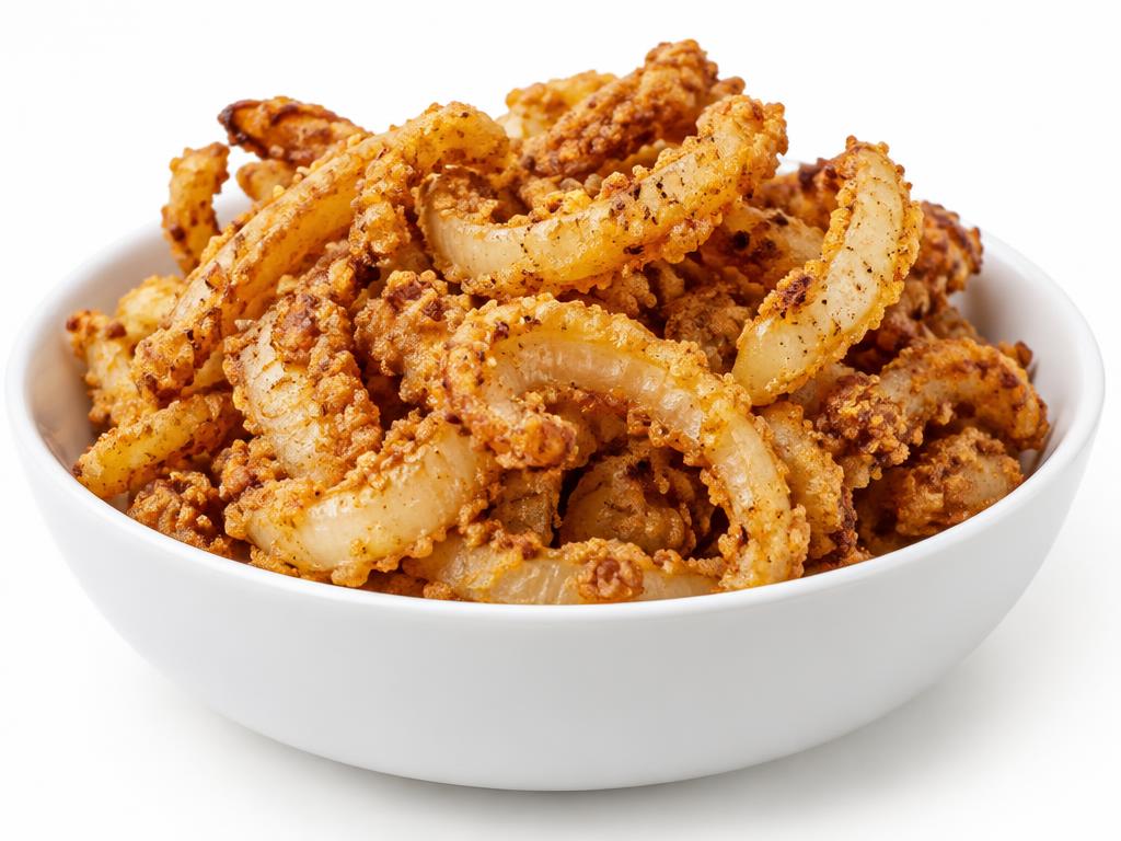Crunchy coated fried onion pieces in a white bowl