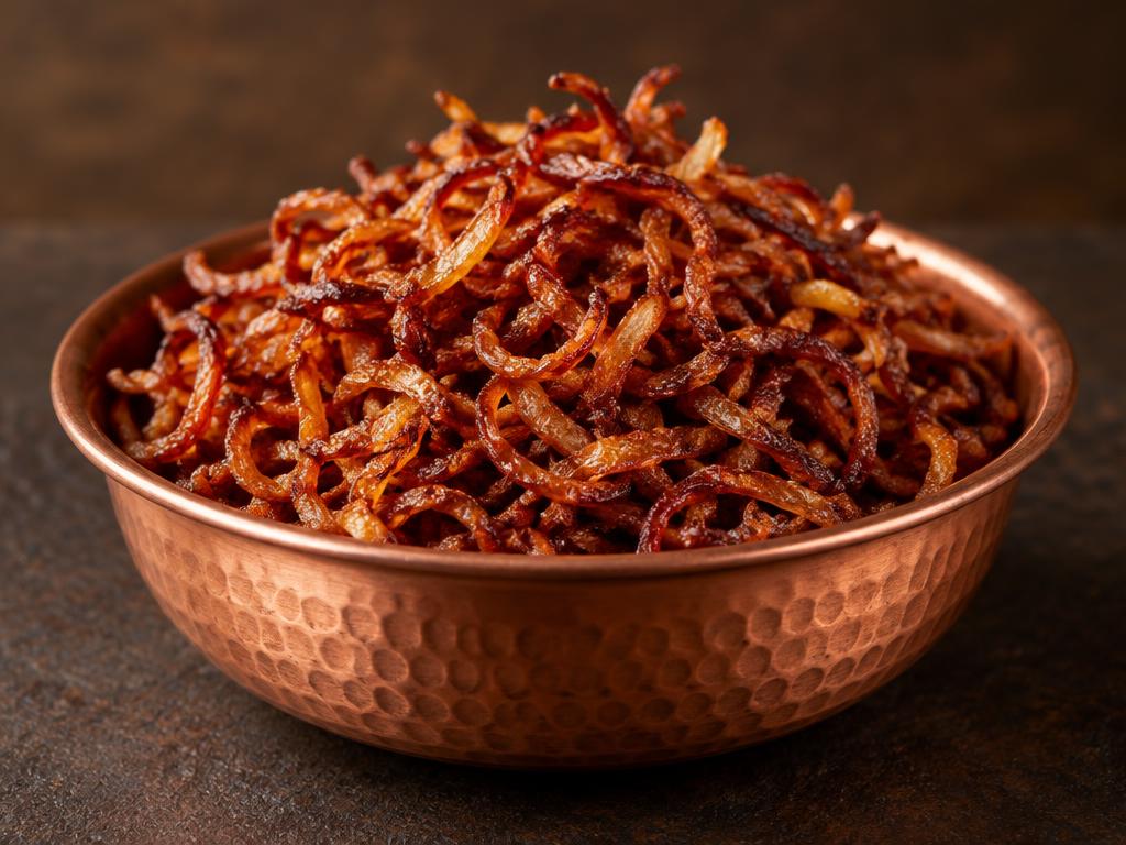 Deep golden fresh fried onion strands in a copper bowl