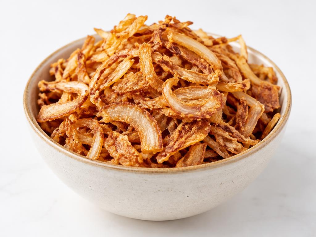 Crispy golden dehydrated fried onion in a bowl