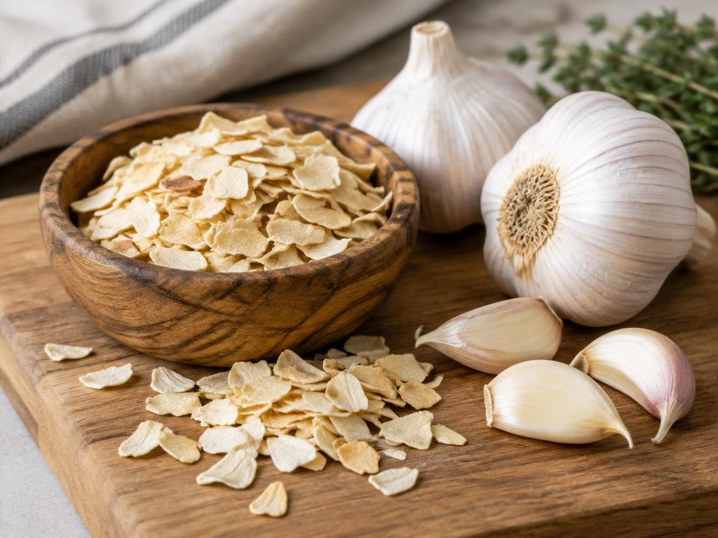 Dehydrated garlic flakes in a wooden bowl beside garlic bulbs