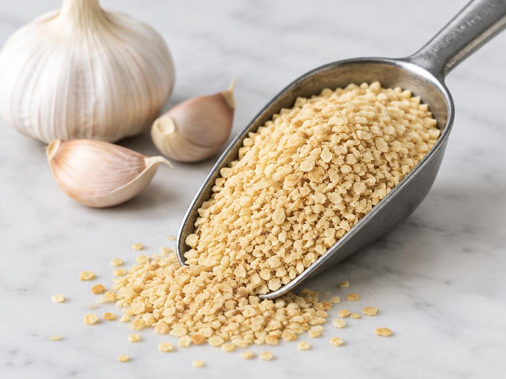 Garlic granules in a metal scoop beside garlic cloves