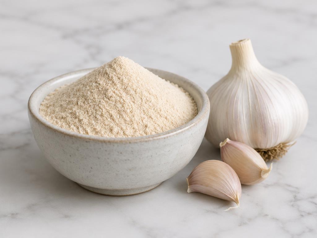 Garlic powder in a stoneware bowl beside a garlic bulb