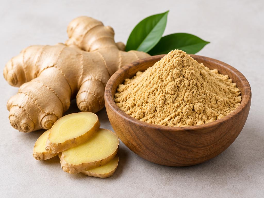 Ginger powder in a wooden bowl beside fresh ginger root