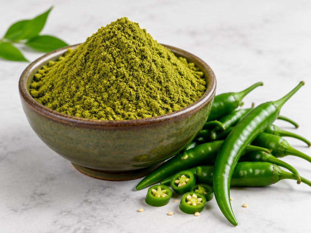 Green chili powder in a bowl with fresh green chilies