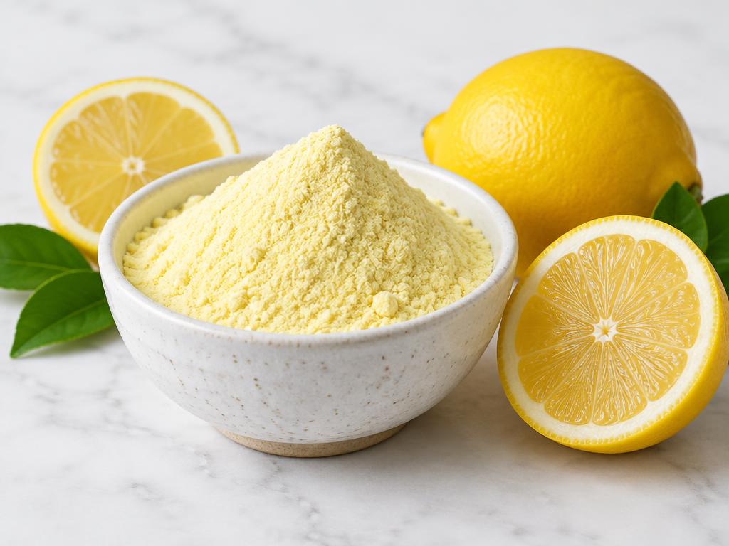 Pale yellow lemon powder in a bowl with lemon halves