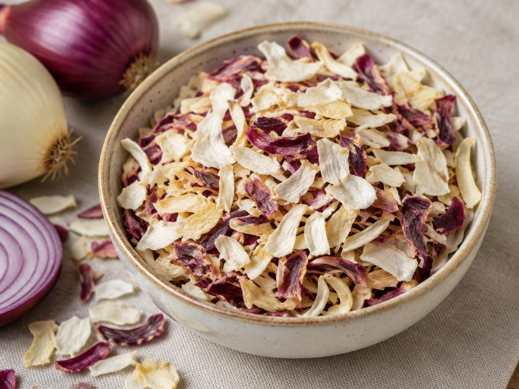 Dehydrated white and red onion flakes in a ceramic bowl