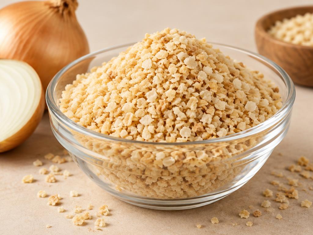 Dehydrated onion granules in a glass bowl