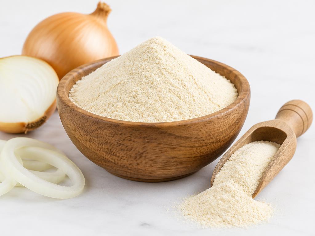 Fine dehydrated onion powder in a wooden bowl with a scoop