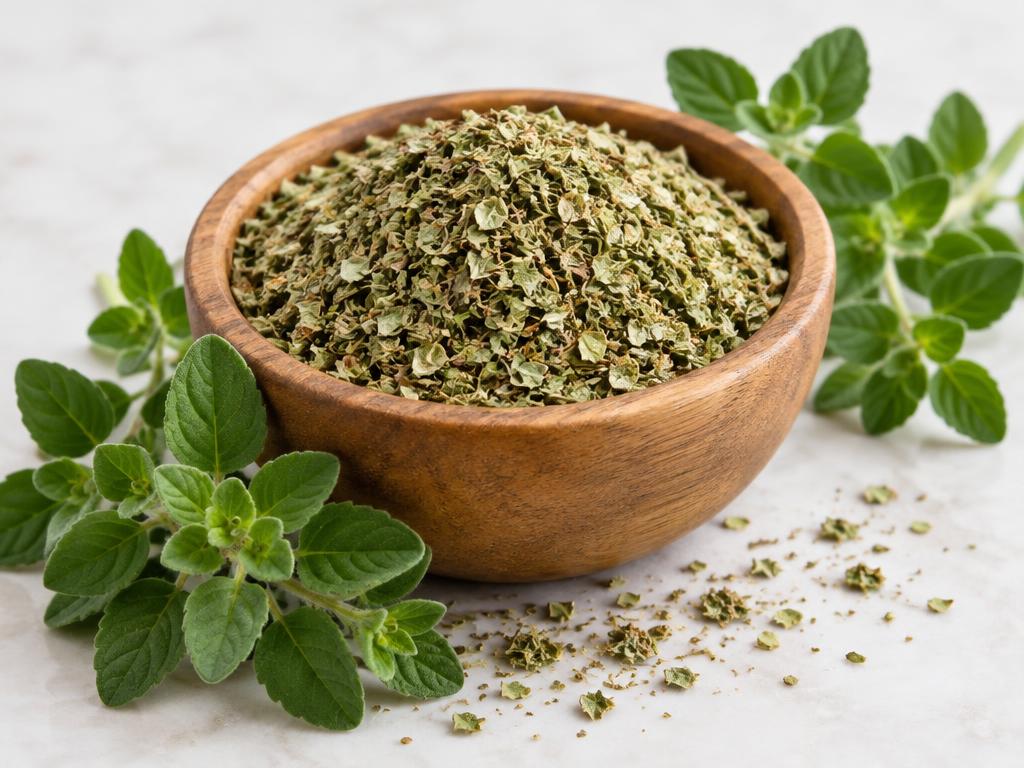 Dried oregano leaves in a wooden bowl with fresh sprigs