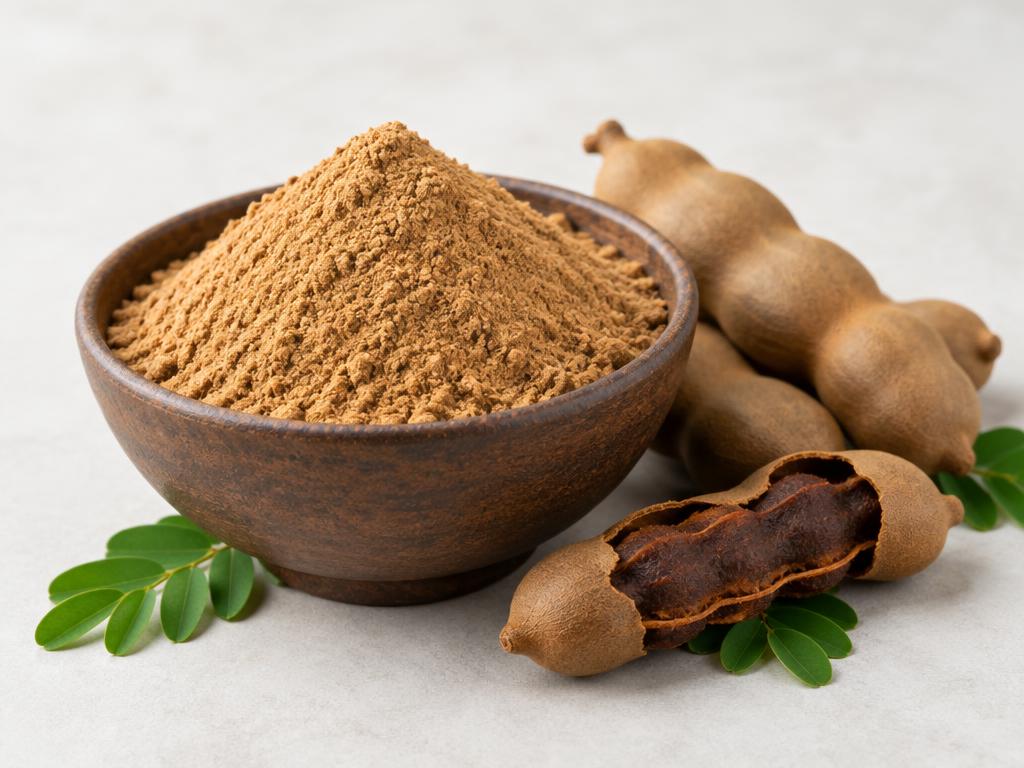 Tamarind powder in a bowl with tamarind pods