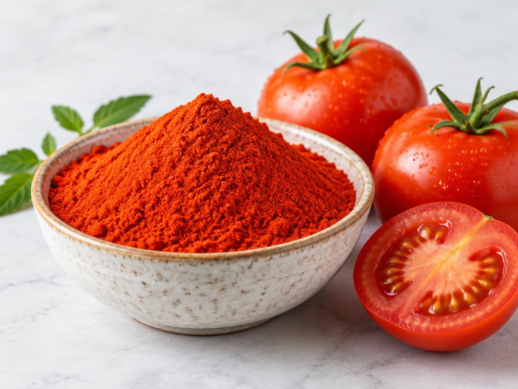Bright red tomato powder in a bowl beside fresh tomatoes